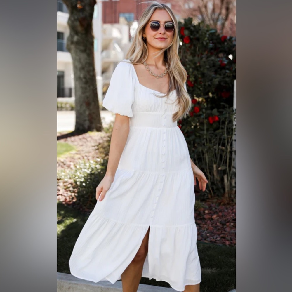 Vici White Smocked Maxi Dress Puff Sleeve Scoop Neck